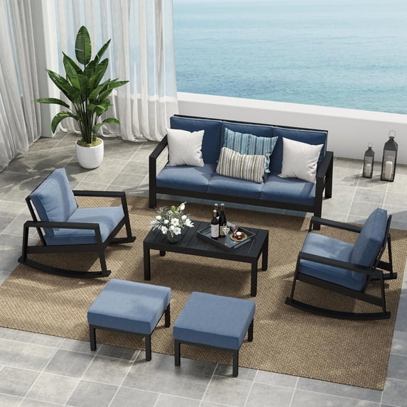 Superjoe Aluminum Outdoor Patio Furniture Set, 5-Piece Metal Patio Conversation Furniture Set with Ottomans, Water-Resistant Furniture Set for Porch Backyard Poolside Garden, Blue