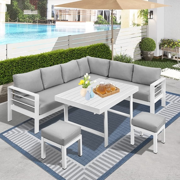 Superjoe Aluminum Outdoor Patio Furniture Set, Metal Outside Conversation Sets with Dining Table&2 Ottomans, Sectional Sofa Couch Seating Set with Cushion for Backyard, White