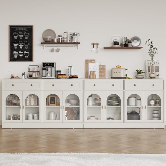 Heynemo Arched Sideboard with Storage, 110" Large Buffet Table, Modern Kitchen Display Buffet Cabinet with 4 Drawers and 8 Doors, Coffee Bar for Kitchen, Dining Room, White