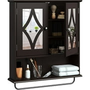 Superjoe Bathroom Medicine Cabinet with Mirror, Vanity Wall Mounted Storage Cabinet with Adjustable Shelves and Towel Bar, Hanging Wall Cabinet for Bathroom, Laundry, Living Room, Brown