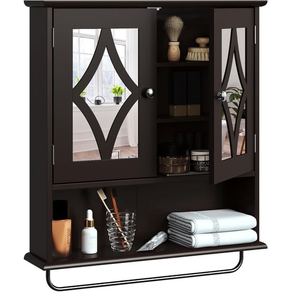 Superjoe Bathroom Medicine Cabinet with Mirror, Vanity Wall Mounted Storage Cabinet with Adjustable Shelves and Towel Bar, Hanging Wall Cabinet for Bathroom, Laundry, Living Room, Brown