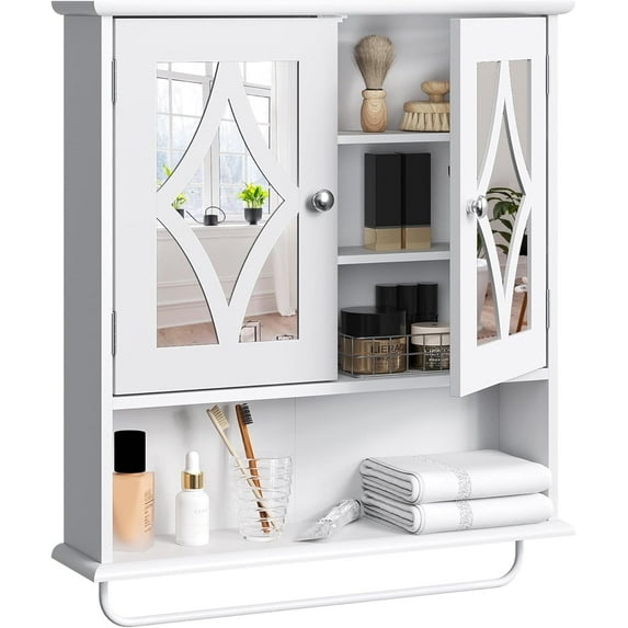 Superjoe Bathroom Medicine Cabinet with Mirror, Vanity Wall Mounted Storage Cabinet with Adjustable Shelves and Towel Bar, Hanging Wall Cabinet for Bathroom, Laundry, Living Room, White