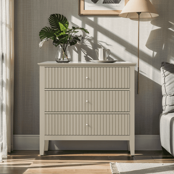 Superjoe Beige 3 Drawer Dresser, Painted 30 Inch Tall Wood Nightstand with Storage, Wide Modern Chest of Drawers with Ball Bearing Slide for Bedroom Hallway Living Room Entryway Office