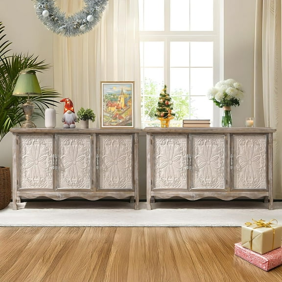 Superjoe Buffet Cabinet with Storage Set of 2, 31'' Farmhouse Sideboard Buffet Cabinet with Storage, Wooden Storage Cabinet with Doors, Credenza Storage Cabinet, Kitchen, Bedroom, Wash Grey