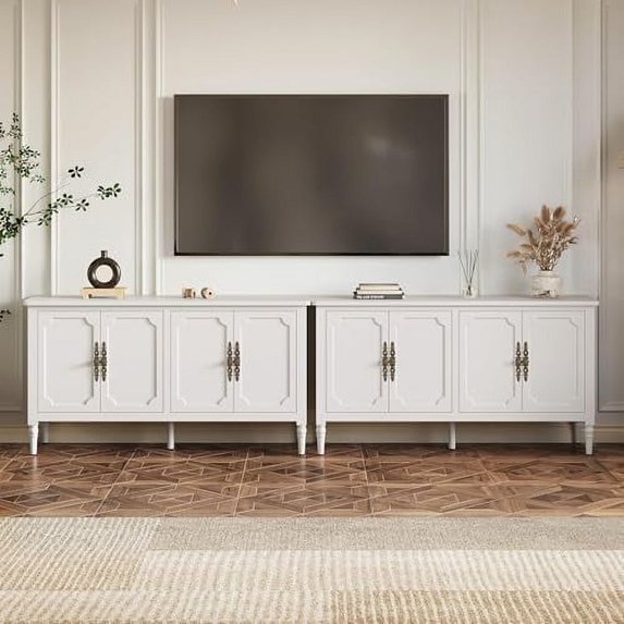 Superjoe Buffet Sideboard Table Set of 2, 59'' Mid Century Modern Console Table, Media Cabinet with 4 Doors, Accent Cabinet Wood Sideboard, for Entryway, Living Room, Dining Room, White