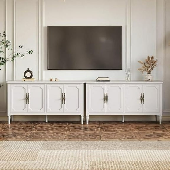 Superjoe Buffet Sideboard Table Set of 2, 59'' Mid Century Modern Console Table, Media Cabinet with 4 Doors, Accent Cabinet Wood Sideboard, for Entryway, Living Room, Dining Room, White