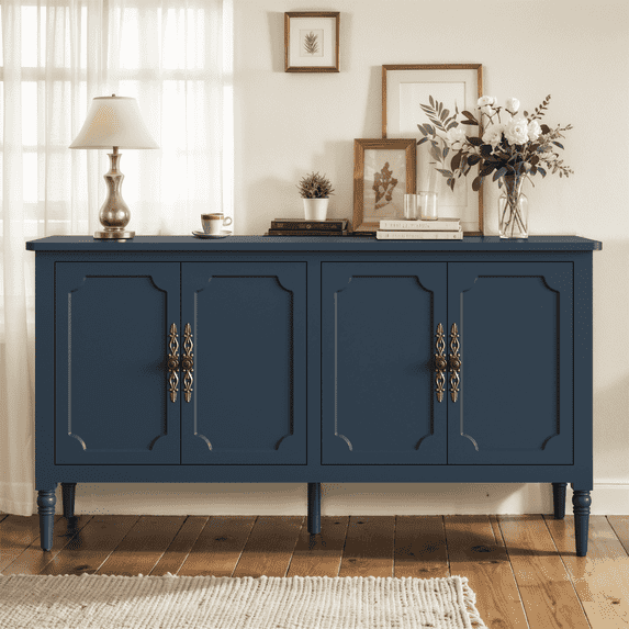 Heynemo Console Cabinet, 58'' Mid Century Modern Buffet Sideboard with 4 Doors, for Entryway, Living Room, Bedroom, Dining Room (Blue)