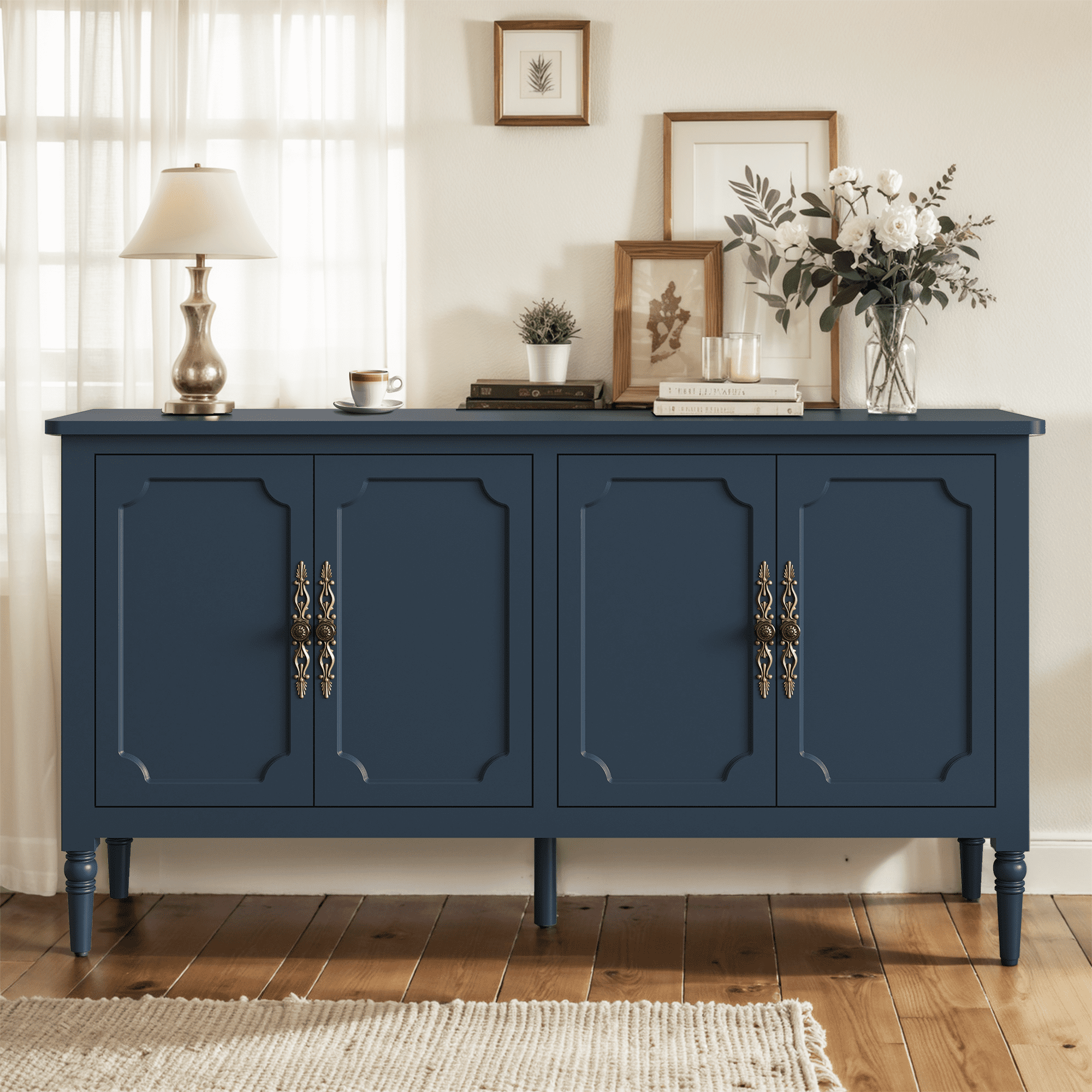 58" Mid Century Modern Console Cabinet With 4 Doors - Wood Buffet & Media Cabinet For Living Room, Entryway