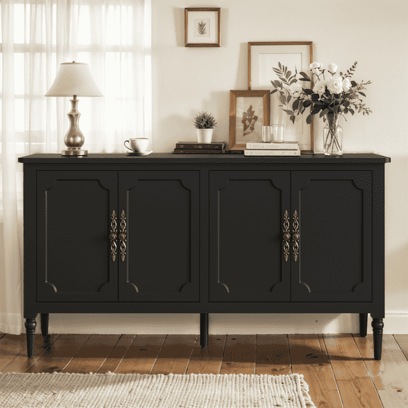 Heynemo Console Cabinet, 58'' Mid Century Modern Buffet Sideboard, with 4 Doors, for Entryway, Living Room, Bedroom, Dining Room (Black)
