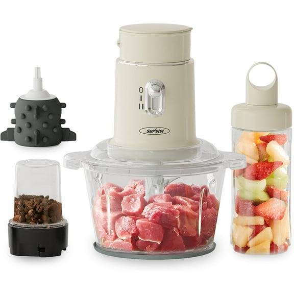 Superjoe Electric Food Chopper, Electric 4 in 1 Food Grinder for Grinding Meat, Peeling Garlic & Juicing, 2 Speed Blender and Food Processor Combo with 1.5L Glass Bowl & 2 Cups (0.4L+0.2L), 250W Beige