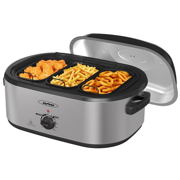 Superjoe Electric Roaster Oven, 24 QT Roaster with 3 Compartments and Self-Basting Lid, Turkey Roaster Oven with 150-450°F Full-Range Temperature Control, Removable Pan & Rack,Silver