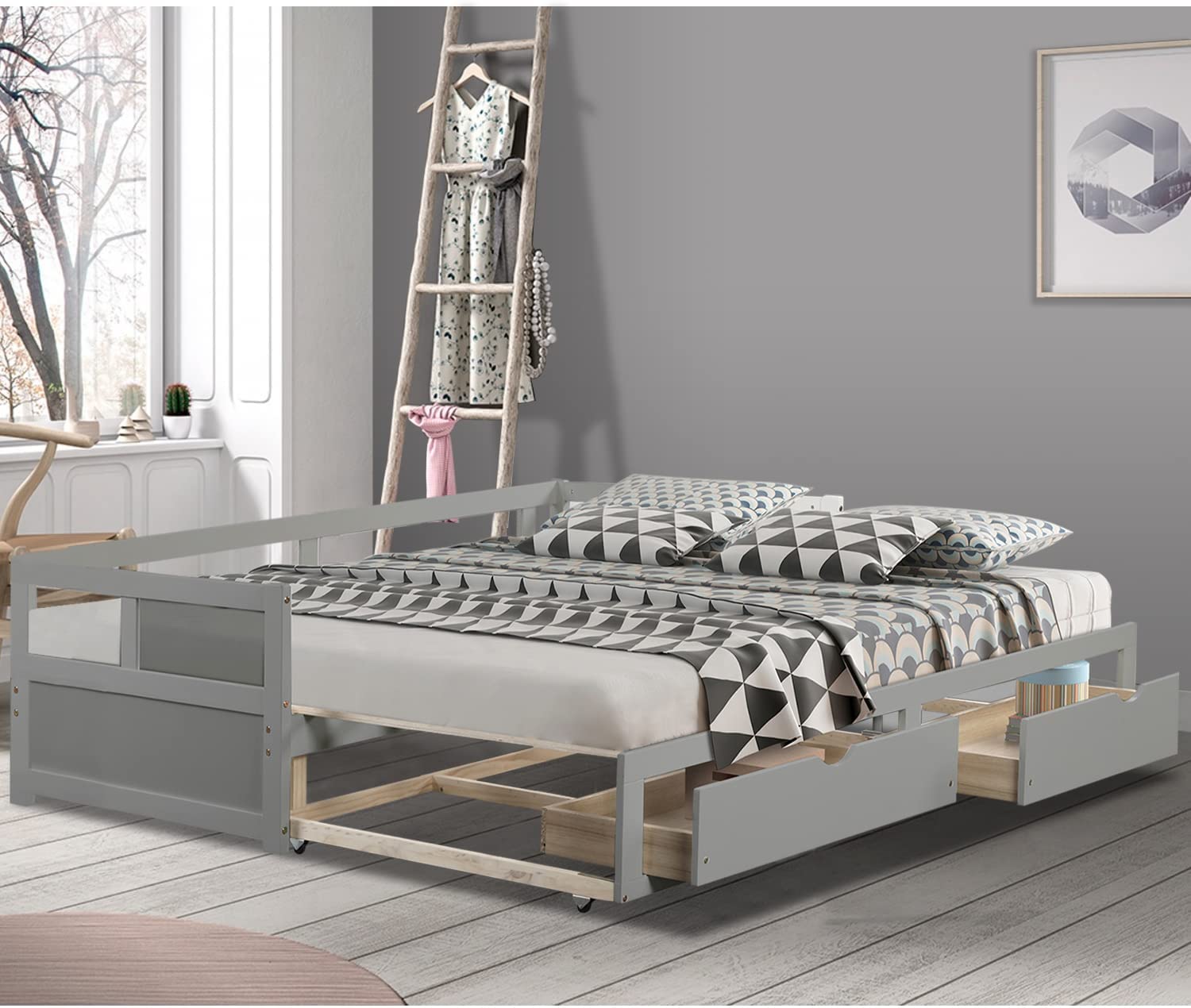 Superjoe Extendable Daybed with Trundle and 2 Storage Drawers, Twin to
