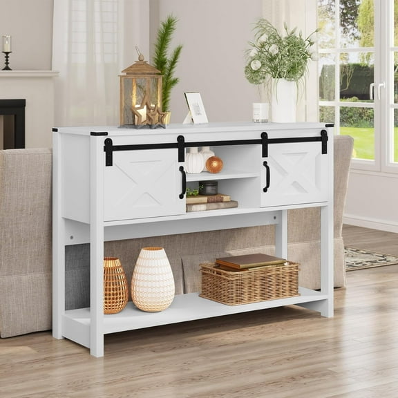 Superjoe Farmhouse Console Table w/Storage & Sliding Barn Door for Entryway, 46" Wood Foyer Table w/Adjustable Shelf, Coffee Bar Sideboard for Hallway, Living Room, White