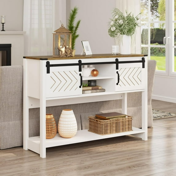 Superjoe Farmhouse Console Table w/Storage & Sliding Barn Door for Entryway, 46" Wood Foyer Table w/Adjustable Shelf, Coffee Bar Sideboard for Hallway, Living Room, Wood-Tone White