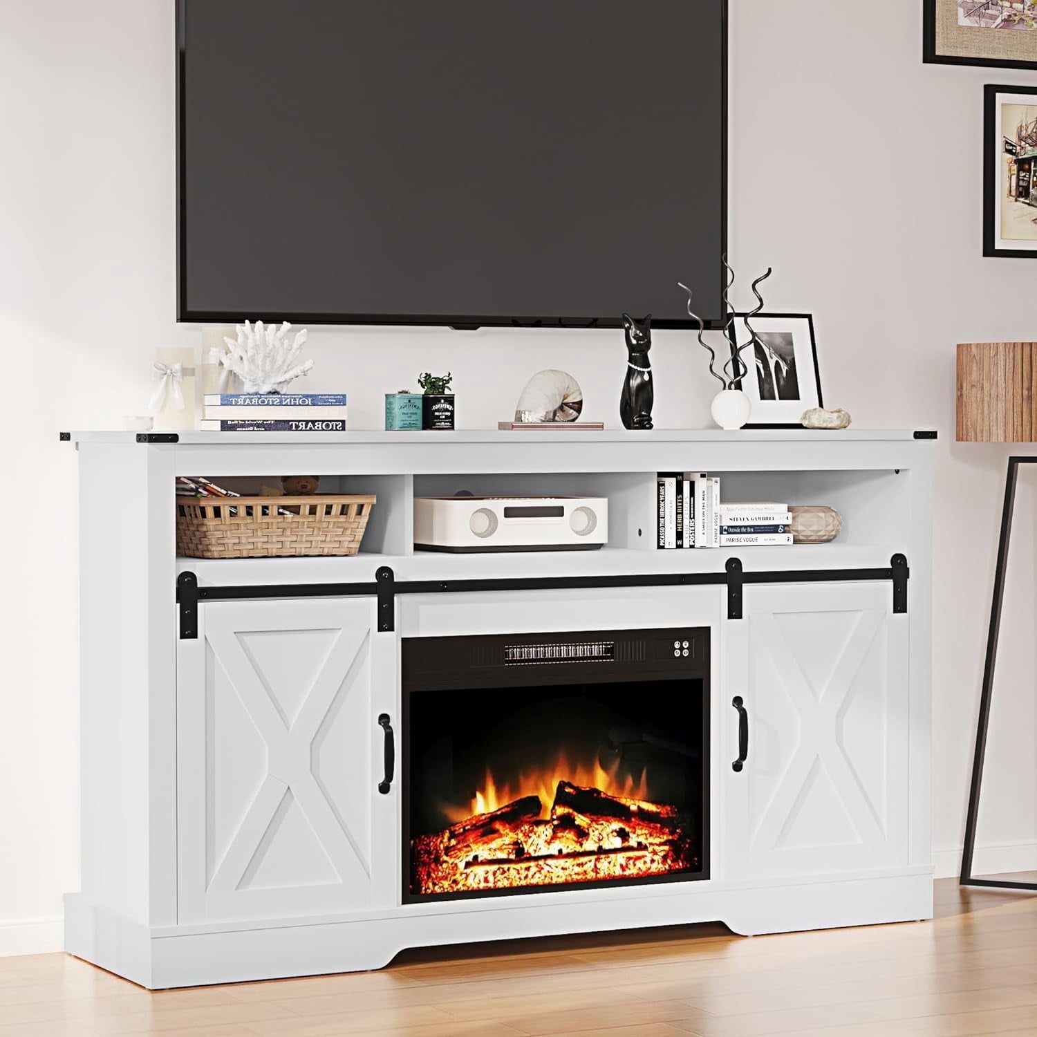 Heynemo Farmhouse Fireplace TV Stand, TV Console with Electric Fireplace, Modern Entertainment Center w/Sliding Barn Door for Living Room, White