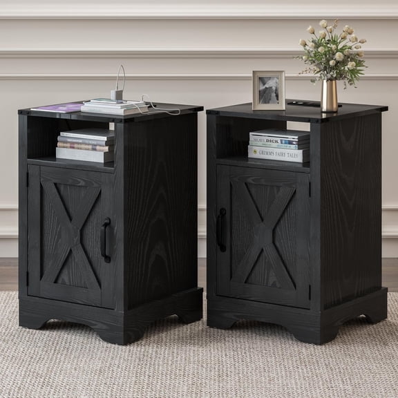 Heynemo Farmhouse Nightstand Set of 2 with Charging Station, Wooden Rustic End Table, for Bedroom, Living Room, Black