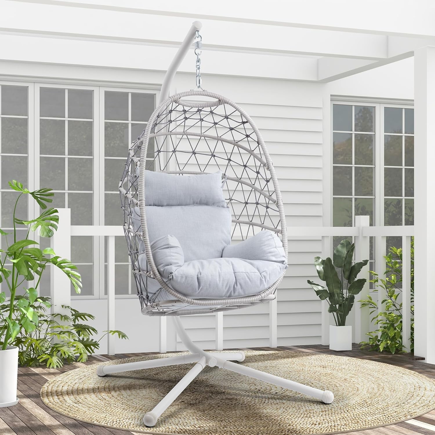Superjoe Hanging Egg Chair with Stand, Outdoor Patio Wicker Hanging Egg ...