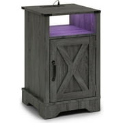 Superjoe LED Nightstand Set of 1 with Charging Station, Bedside Table with Storage Cabinet and Shelf, Rustic End Table, Farmhouse Wooden Side Table, for Bedroom, Living Room, Grey