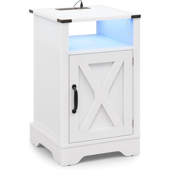 Superjoe LED Nightstand Set of 1 with Charging Station, Bedside Table with Storage Cabinet and Shelf, Rustic End Table, Farmhouse Wooden Side Table, for Bedroom, Living Room, White