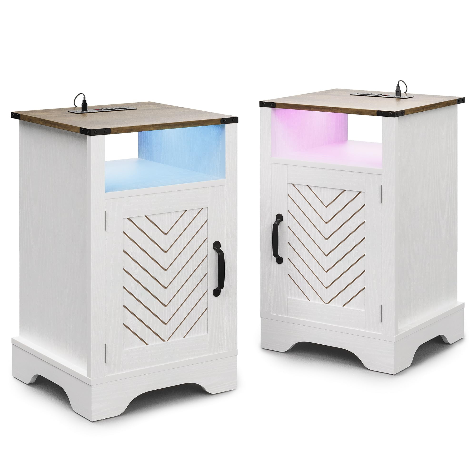 White and Rustic Oak LED Nightstand Set with Charging Station
