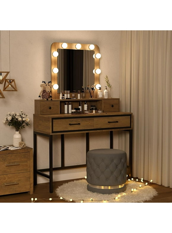 Superjoe Makeup Vanity with 3 Color Dimmable Lighted Hollywood Mirror, Vanity Table with 4 Drawers for Women Girls, Dressing Desk for Bedroom, Beauty Room, Brown