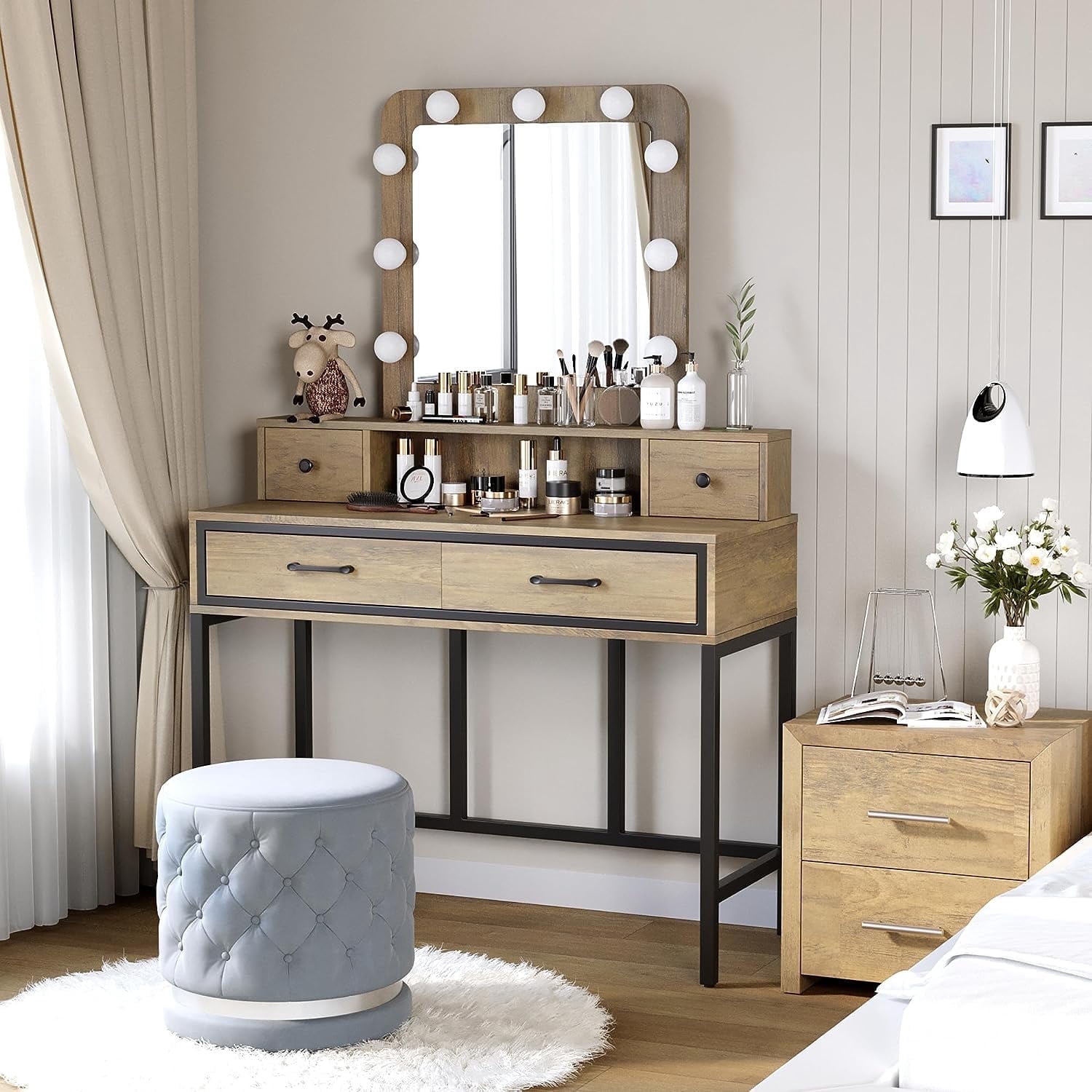 Heynemo Makeup Vanity with 3 Color Dimmable Lighted Hollywood Mirror, Vanity Table with 4 Drawers for Women Girls, Dressing Desk for Bedroom, Beauty Room, Brown