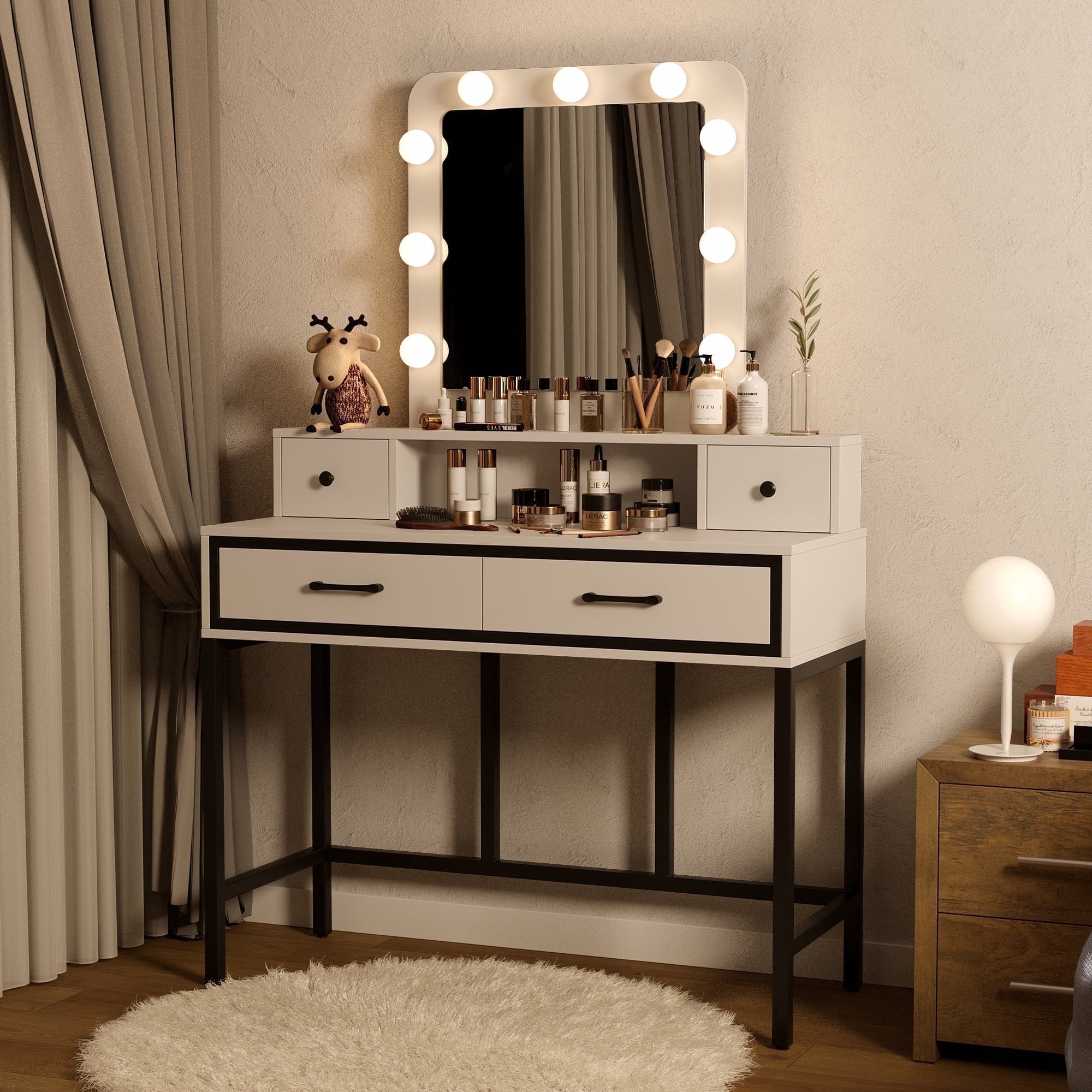 Heynemo Makeup Vanity 3 Color Hollywood Mirror with Dimmable Lighted, Vanity Table with 4 Drawers for Women Girls, Dressing Desk for Bedroom, Beauty Room, White
