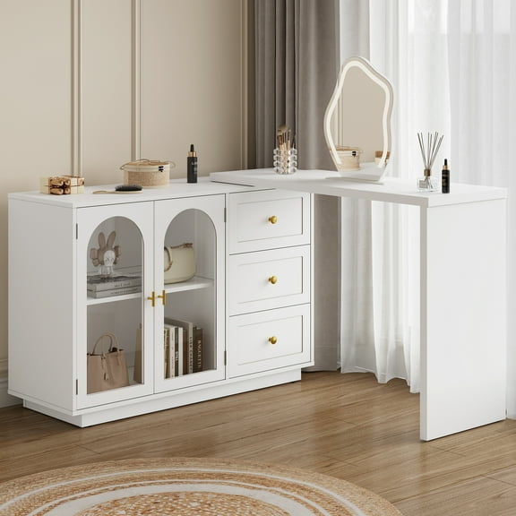 Heynemo Makeup Vanity Desk, Extendable Corner Vanity Makeup Table with 3 Drawers & 2 Door, Modern Dressing Table for Bedroom, Vanities for Women/Girls Bedroom (without Mirror)