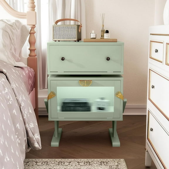 Superjoe Modern Nightstand with LED Light Strips and 360° Rotating Drawer, Green