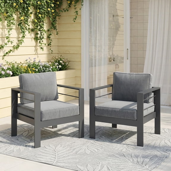 Heynemo Metal Patio Furniture Chairs Set of 2, Aluminum Outdoor Armchairs with Cushions, Dark Grey
