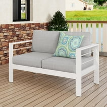 Superjoe Outdoor 2-Seat Patio Aluminum Loveseat Sofa Couch Furniture with Light Grey Cushions, White