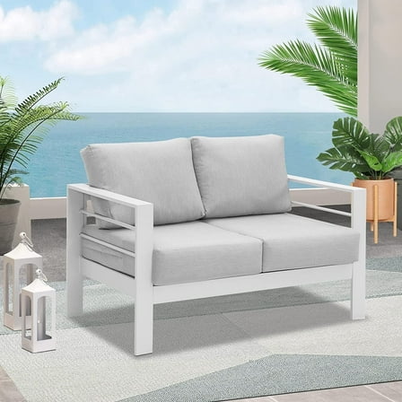 Heynemo 2 Seats Patio Aluminum Loveseat Furniture, Outdoor Metal Sofa Chair with Cushions, Light Grey