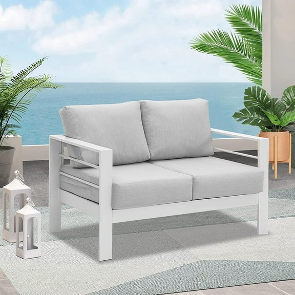 Heynemo 2 Seats Patio Aluminum Loveseat Furniture, Outdoor Metal Sofa Chair with Cushions, Light Grey