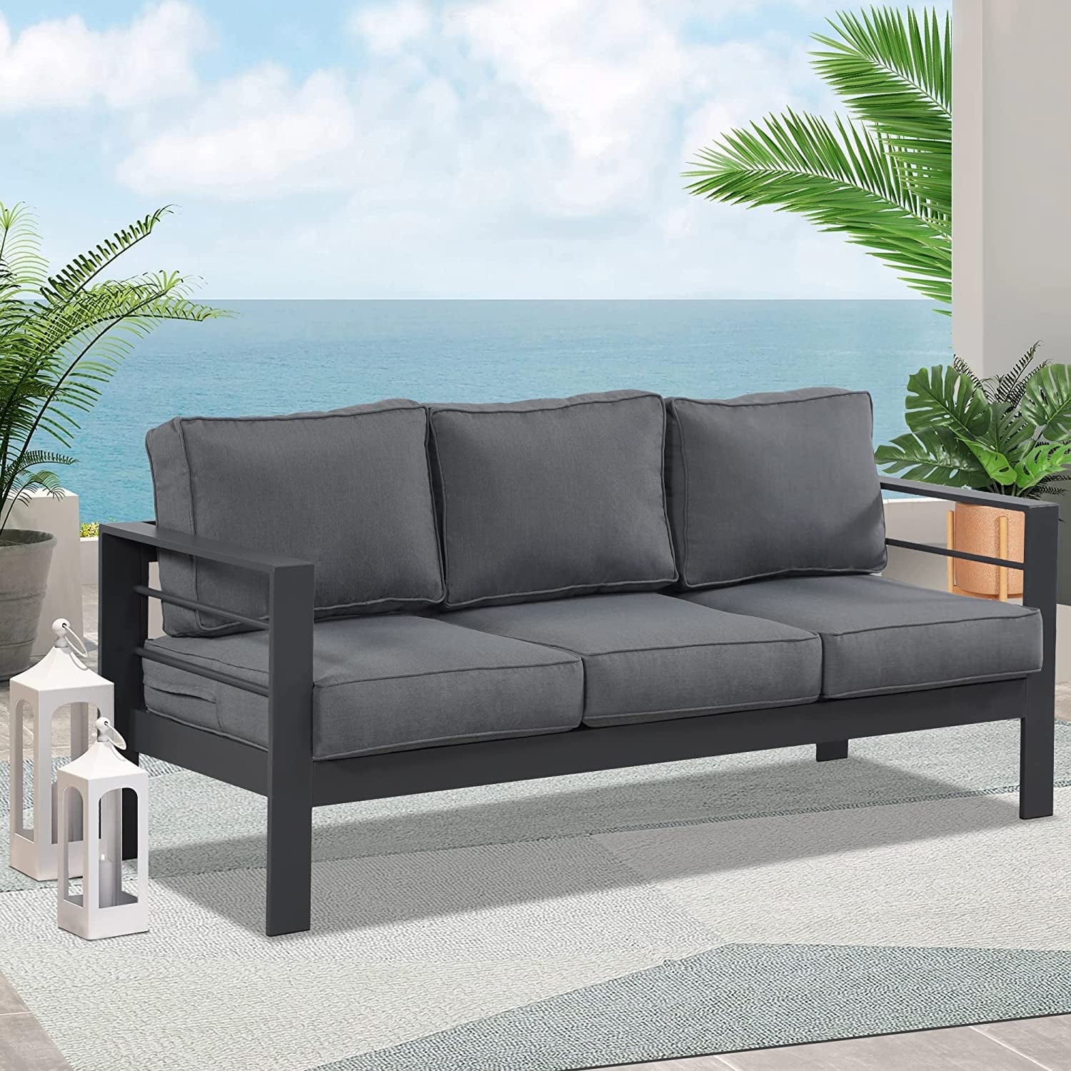 Walmart Black Friday Deals 2025 Superjoe Comfortable Outdoor 3-Seater Patio Aluminum Sofa for Balcony, Front Porch, Dark Grey Cushions