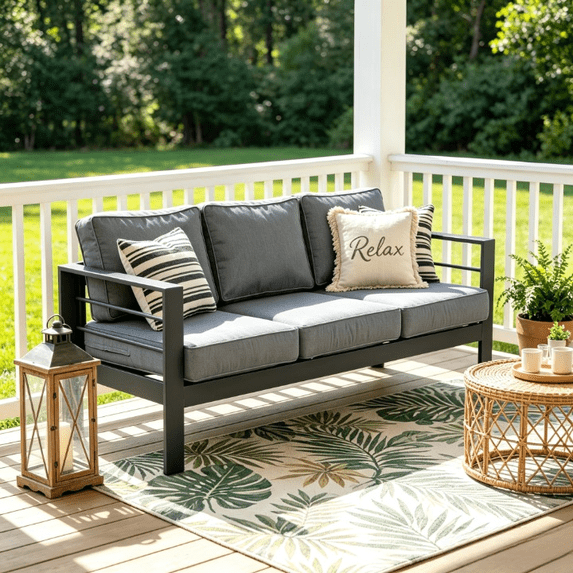 3 Seats Patio Aluminum Sofa Furniture, Metal Outdoor Couch with Cushions, Dark Grey,Heynemo