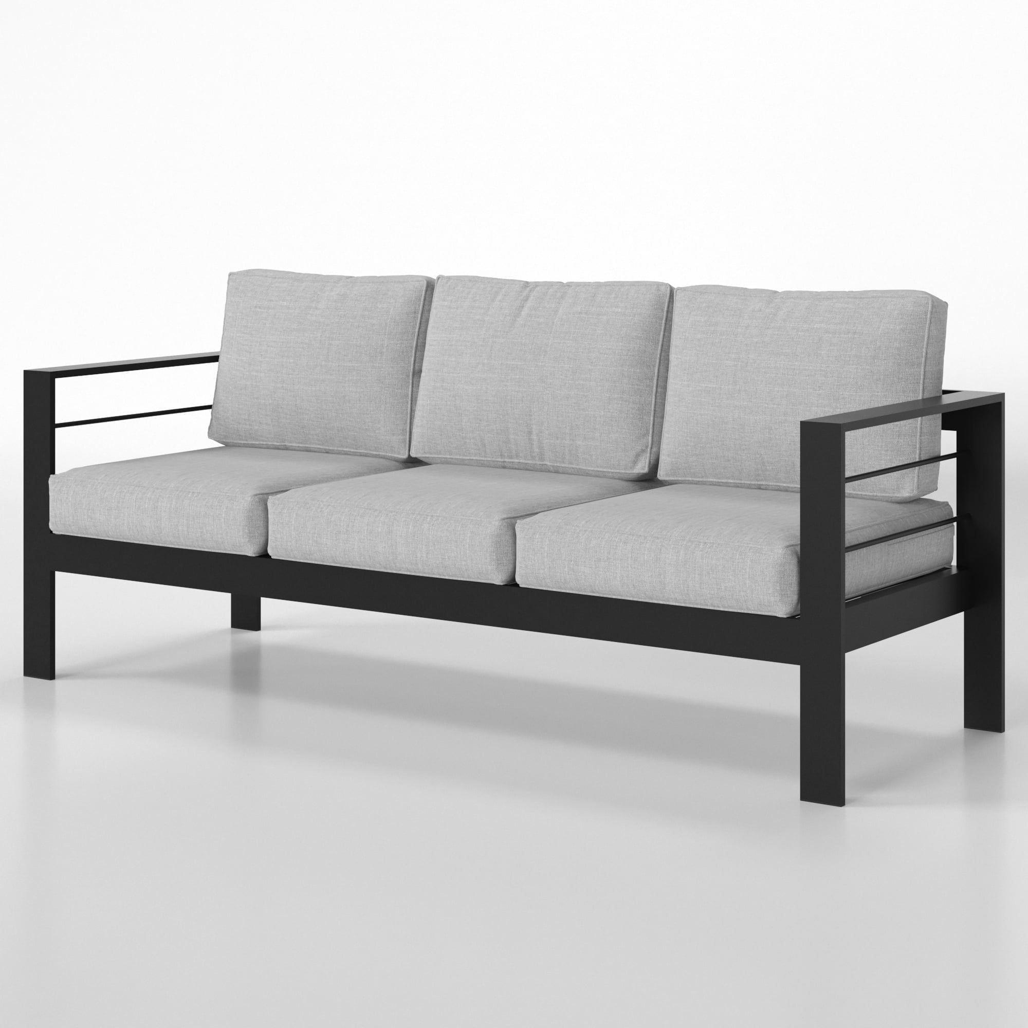 Black Aluminum Outdoor Sofa with Light Gray Cushions, 3-Seater