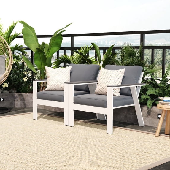 Superjoe Outdoor Aluminum Patio Furniture Chair Set of 2, Metal All-Weather Modern Patio Sofa Deep Seating Chair with Wood Accent Armrest and Angled Backrest, White