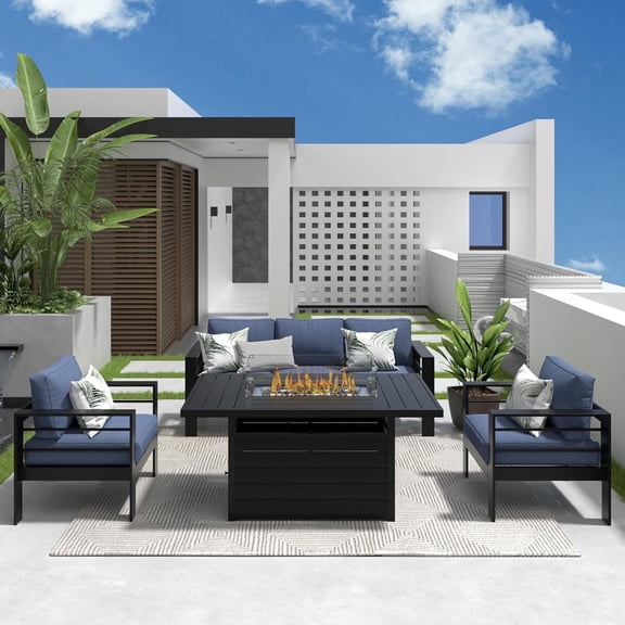 Heynemo Outdoor Furniture Set w/CSA Certified 54in Propane Gas Fire Pit Table, 5 Seats Aluminum Patio Conversation Sofa with 5in Olefin Cover Cushions, Black/Blue