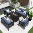 thumbnail image 1 of Heynemo Outdoor Furniture Set w/CSA Certified 54in Propane Gas Fire Pit Table, 7 Seats Aluminum Patio Conversation Sofa with 5in Olefin Cover Cushions, Black/Blue, 1 of 8