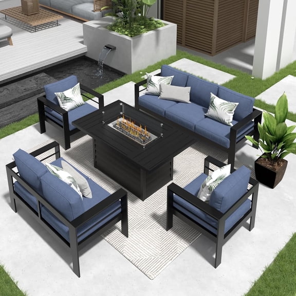 Heynemo Outdoor Furniture Set w/CSA Certified 54in Propane Gas Fire Pit Table, 7 Seats Aluminum Patio Conversation Sofa with 5in Olefin Cover Cushions, Black/Blue