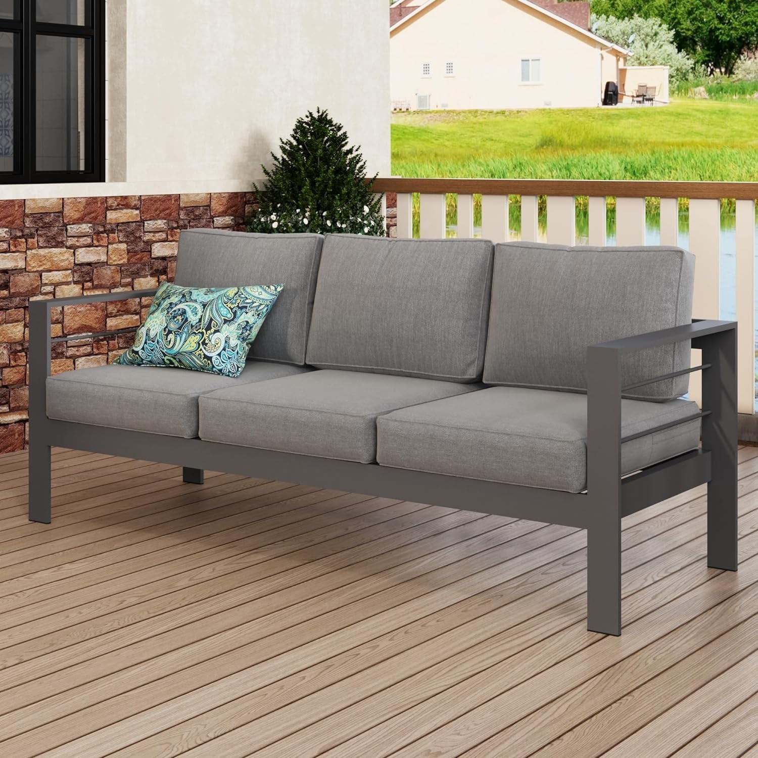 Superjoe Outdoor 3-Seat Casual Metal Sofa for Deck & Backyard, Aluminum Furniture with Dark Grey Cushions