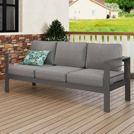 Superjoe Outdoor Patio 3-Seat Aluminum Sofa Couch Furniture with Dark Grey Cushions, Grey