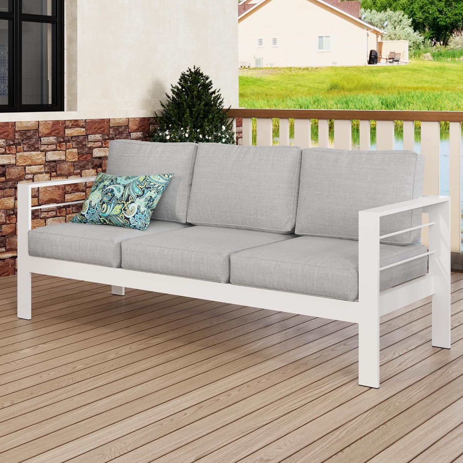 Superjoe Outdoor Patio 3 Seat Aluminum Sofa Couch Furniture with Dark Grey Cushions White