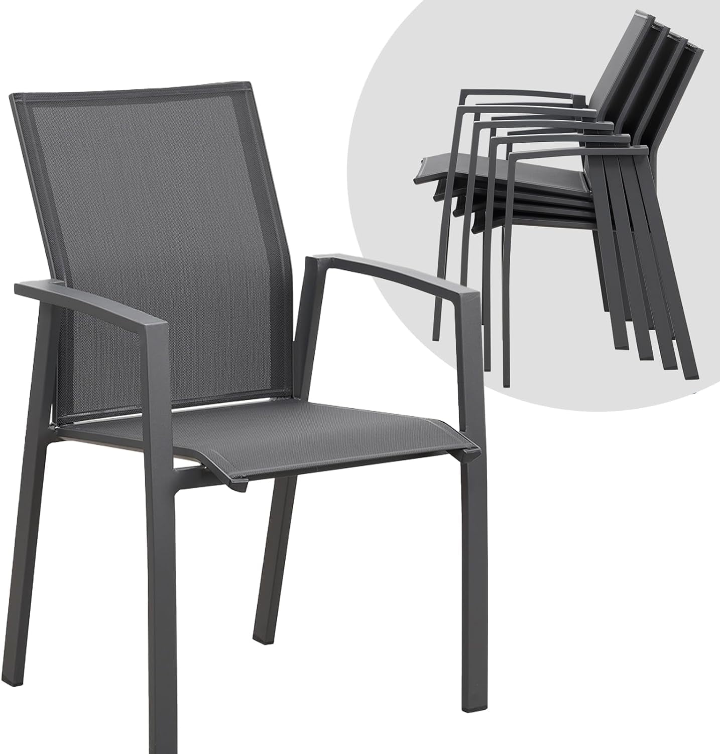 Grey Aluminum Stackable Patio Dining Armchairs, Set of 4