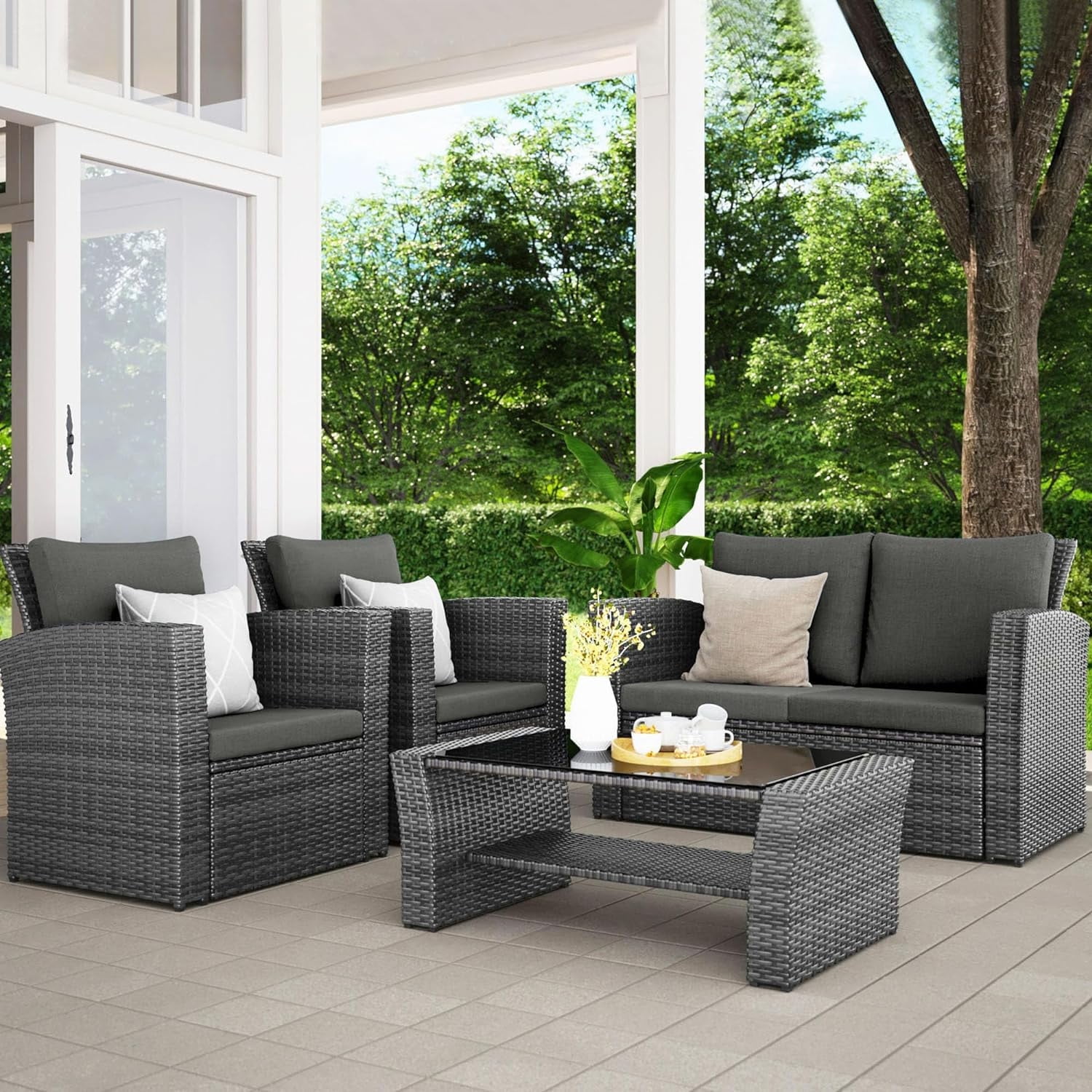 Superjoe 4 Pcs Outdoor Patio Furniture Sets Wicker Rattan Conversation Set Gray Rattan Black Cushion