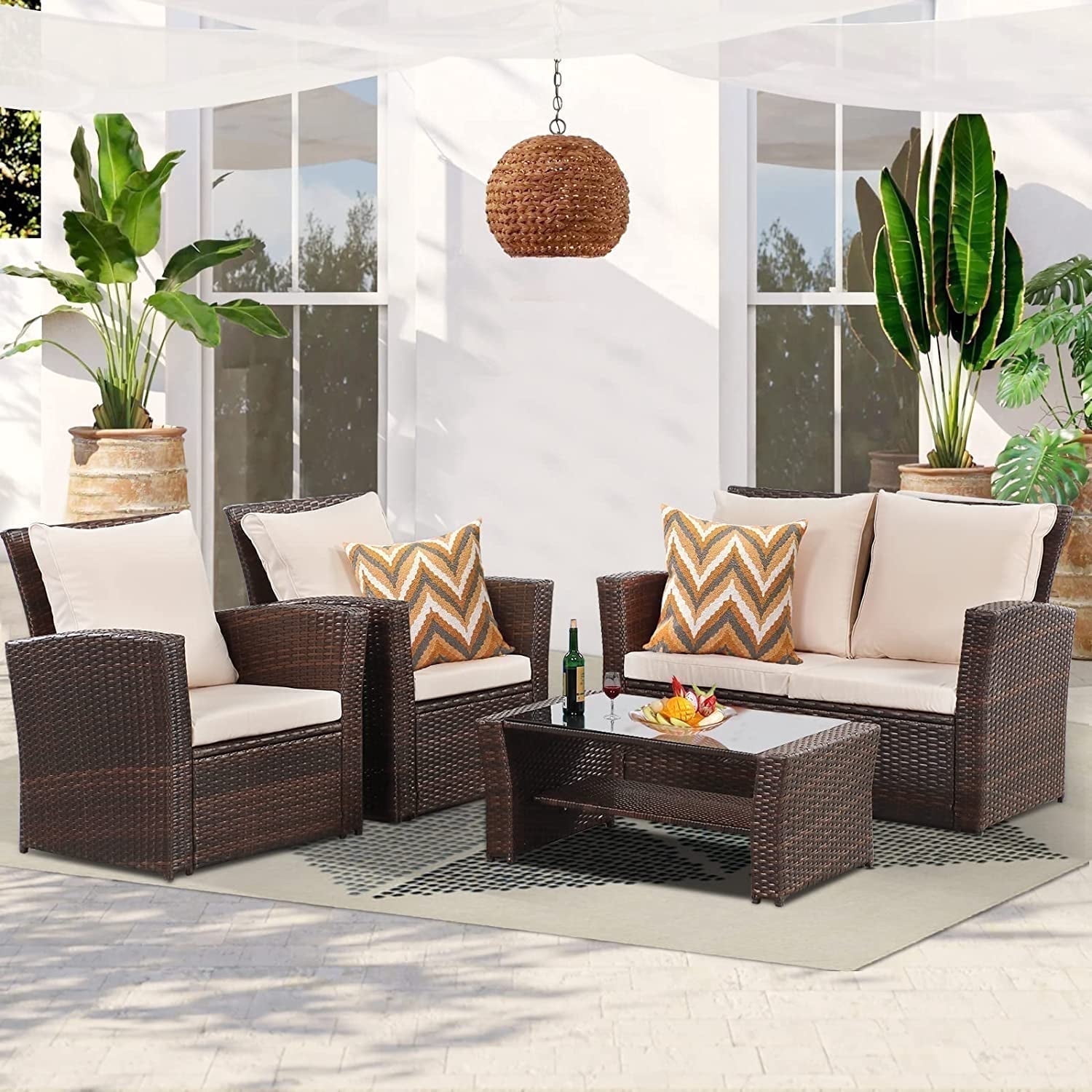 Superjoe 4-Piece Outdoor Patio Furniture Set, Rattan Wicker Sectional Sofa Set with Coffee Table,Brown