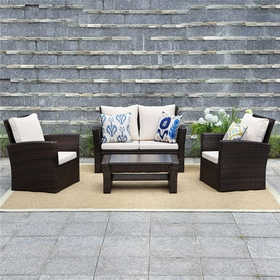 Superjoe Outdoor Patio Furniture Set 4 Pcs Wicker Sectional Conversation Sofa Steel Frame Rattan Couch with Coffee Table on Sale, Brown Rattan Beige Cushion