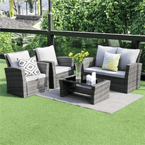 Superjoe Outdoor Patio Furniture Set 4 Seat Conversation Set Wicker Sectional Sofa Couch Rattan Chair Table for Outdoor Patio Garden, Gray Rattan Gray Cushion