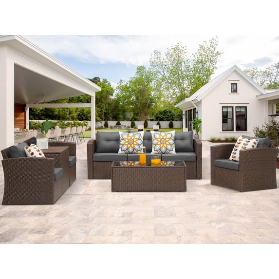 Superjoe Outdoor Patio Furniture Set 8 Pcs Aluminum Frame Conversation Sofa Set with Storage Box and Coffee Table,Brown
