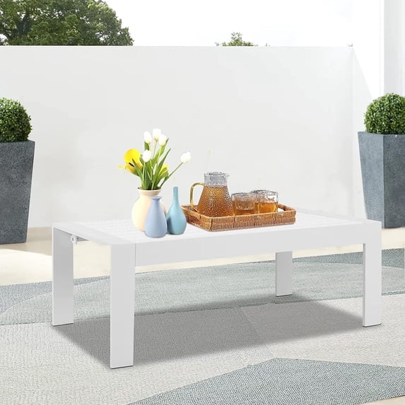 Heynemo Outdoor PatioAluminum Furniture Coffee Table All-Weather Outdoor Metal Coffee Table Modern Rectangle Coffee Table for Balcony Garden, Light Grey